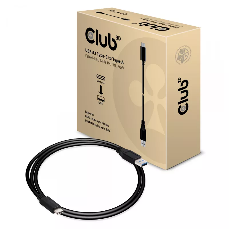 CLUB3D USB 3.1 Type-C į Type-A laidas 10Gbps PD 60W M/M 1m