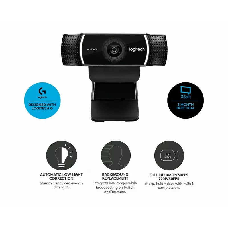 Logitech C922 internetinė kamera, 1920 × 1080 pikselių, USB, juoda