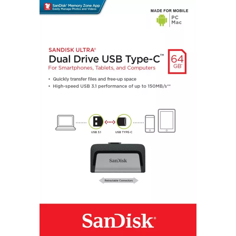 USB atmintukas SanDisk 64GB USB Type-A / USB Type-C Ultra Dual Drive