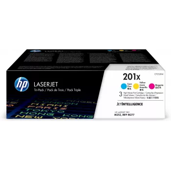 HP 201X 3 vnt. didelės išeigos originalūs LaserJet toneriniai kasetės (žydra/magenta/geltona) su JetIntelligence