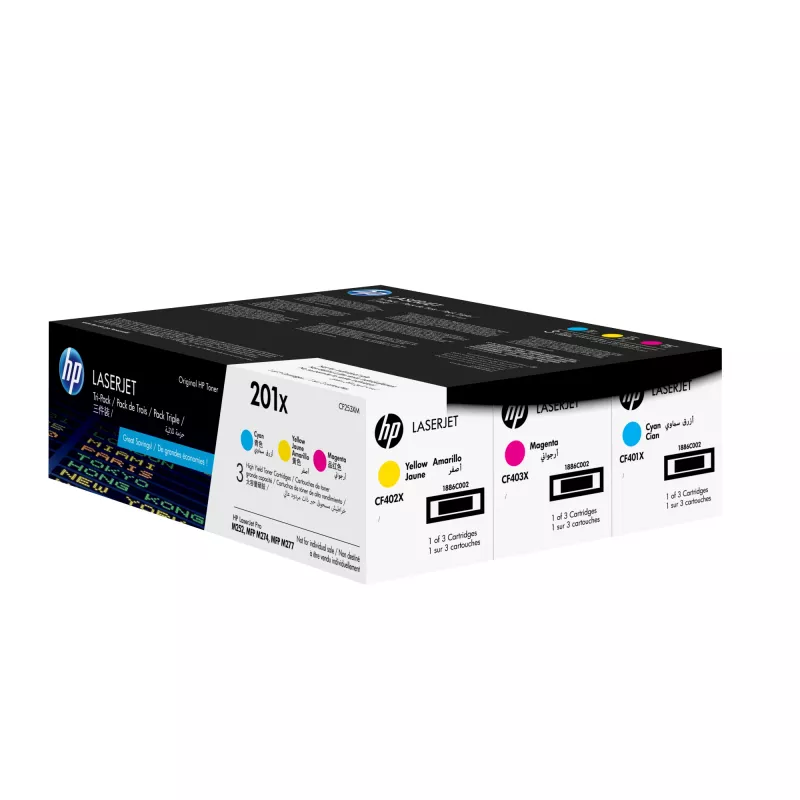 HP 201X 3 vnt. didelės išeigos originalūs LaserJet toneriniai kasetės (žydra/magenta/geltona) su JetIntelligence