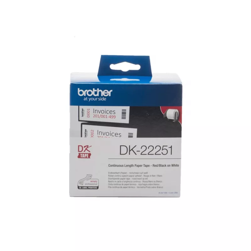 Brother DK-22251 juosta etiketėms spausdinti, juoda ir raudona ant balto fono