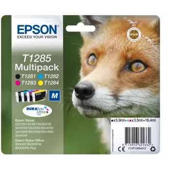 Epson Fox Multipack 4 spalvų T1285 DURABrite Ultra rašalas, juoda, žydra, rausvai raudona, geltona, 5,9 ml, 3,5 ml, 1 vnt., multipack