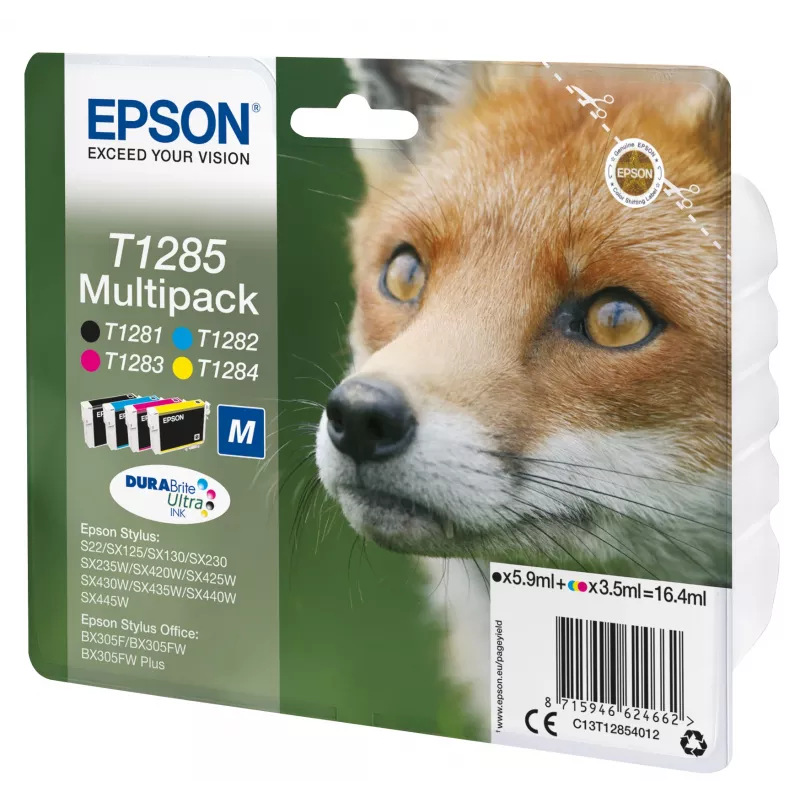 Epson Fox Multipack 4 spalvų T1285 DURABrite Ultra rašalas, juoda, žydra, rausvai raudona, geltona, 5,9 ml, 3,5 ml, 1 vnt., multipack