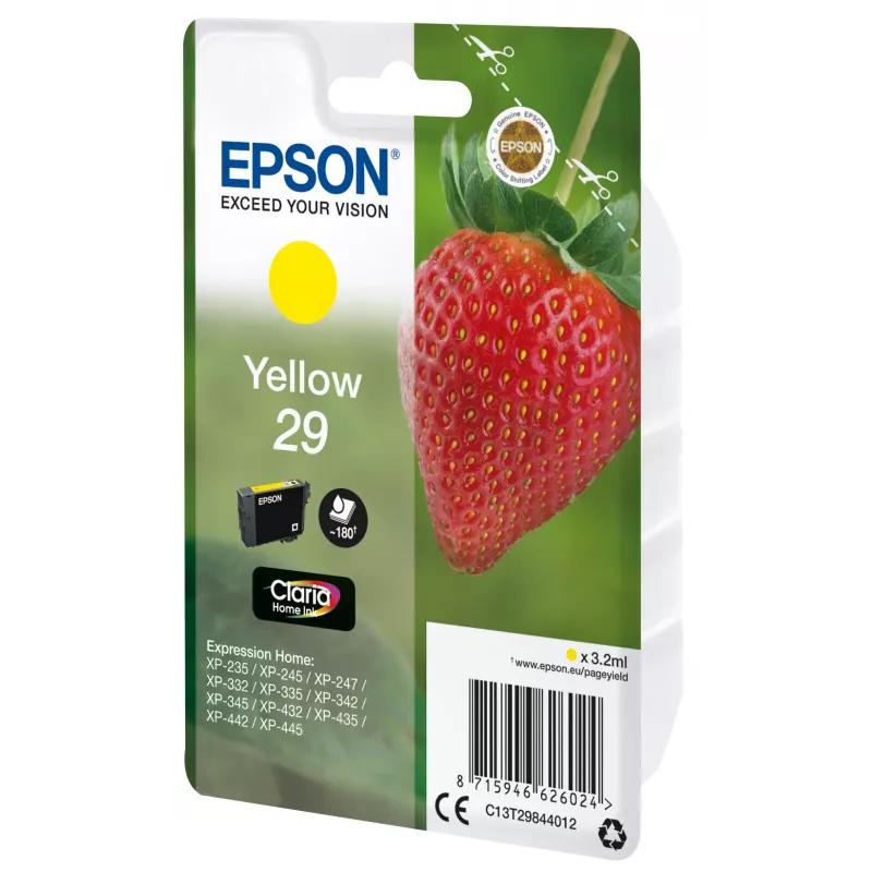 Epson Strawberry Singlepack Geltona 29 Claria Home Rašalas, Standartinė talpa, Geltona, Pigmentinis rašalas, 3,2 ml, 1 vnt., 180 puslapių