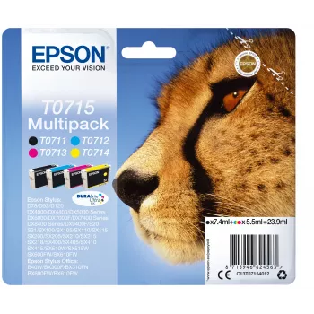Epson Multipack 4 spalvų T0715 DURABrite Ultra rašalas, standartinė talpa, juoda, žydra, raudona, geltona, 7,4 ml, 5,5 ml, 1 vnt., rinkinys