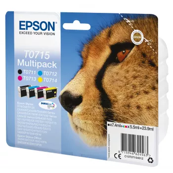 Epson Multipack 4 spalvų T0715 DURABrite Ultra rašalas, standartinė talpa, juoda, žydra, raudona, geltona, 7,4 ml, 5,5 ml, 1 vnt., rinkinys