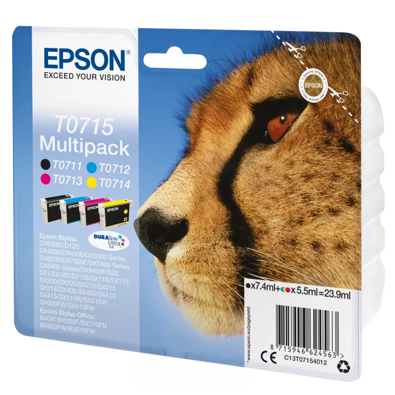 Epson Multipack 4 spalvų T0715 DURABrite Ultra rašalas, standartinė talpa, juoda, žydra, raudona, geltona, 7,4 ml, 5,5 ml, 1 vnt., rinkinys
