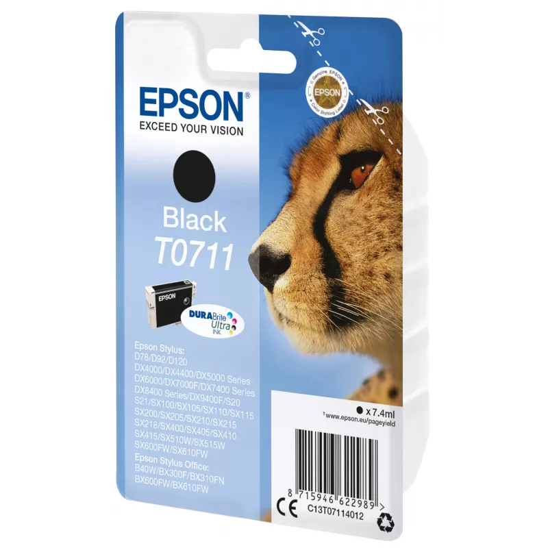 Originalus Epson Cheetah Singlepack juodas rašalas T0711 DURABrite Ultra