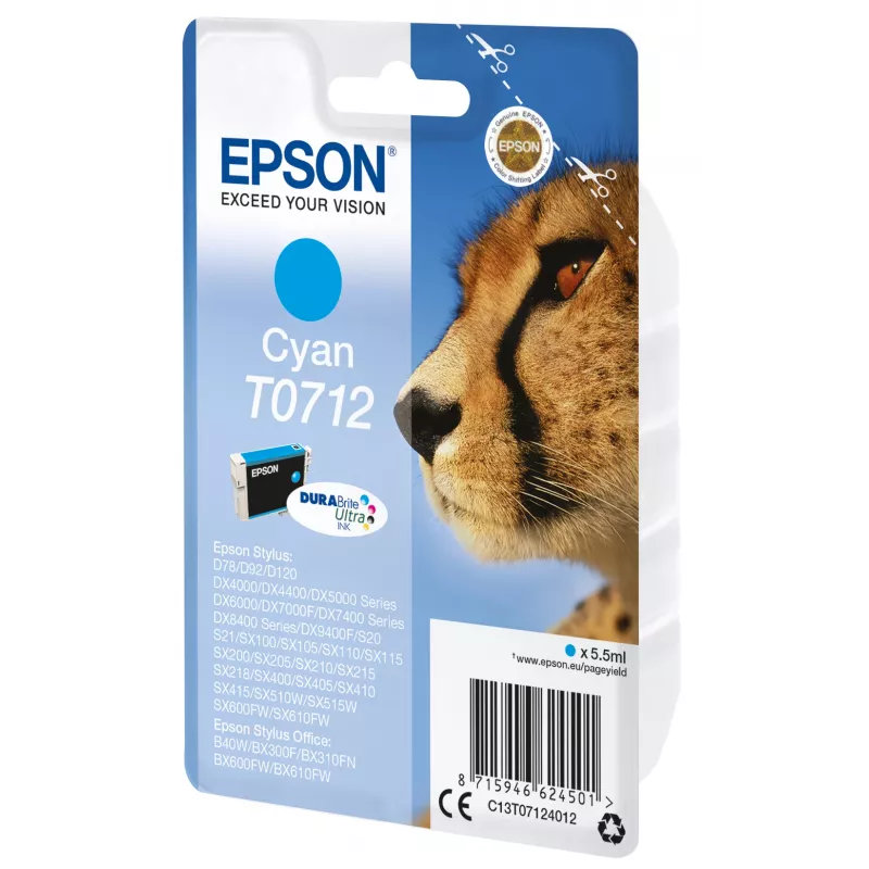 Epson T0712 DURABrite Ultra rašalinė kasetė, Cyan, 5,5 ml, 1 vnt.
