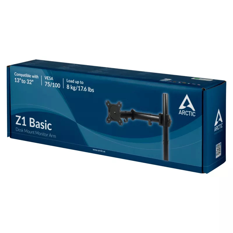ARCTIC Z1 Basic – Monitoriaus laikiklis, tvirtinimas spaustuku, 8 kg, 33 cm (13 col.), 81,3 cm (32 col.), 100 x 100 mm, juodas
