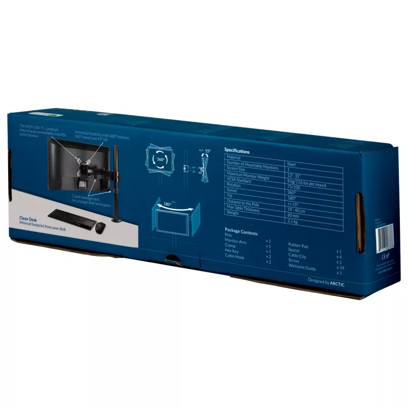ARCTIC Z1 Basic – Monitoriaus laikiklis, tvirtinimas spaustuku, 8 kg, 33 cm (13 col.), 81,3 cm (32 col.), 100 x 100 mm, juodas