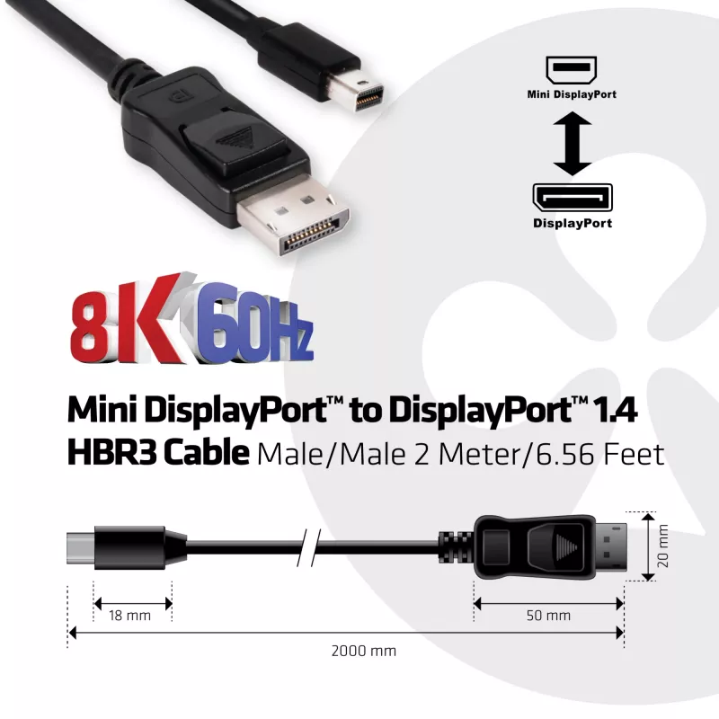 CLUB3D Mini DisplayPort į DisplayPort 1.4 HBR3 8K60Hz laidas, 2 metrai / 6.56 pėdos