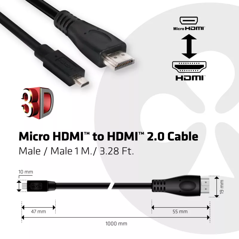 CLUB3D Micro HDMI™ į HDMI™ 2.0 laidas 4K60Hz 1 m / 3,28 pėd. (CAC-1351)