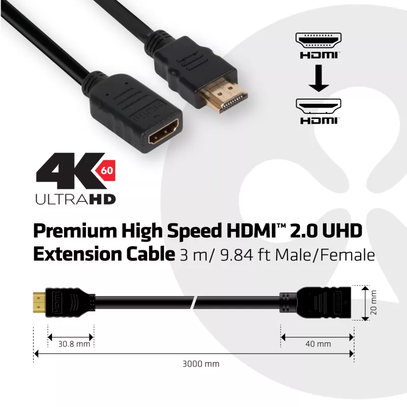 CLUB3D HDMI 2.0 ilginamasis laidas 3 m (vyriška/ moteriška jungtis) 4K60Hz