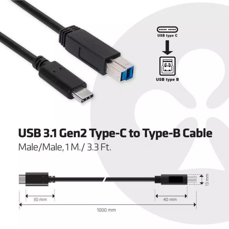 CLUB3D USB 3.1 Gen2 Type-C į Type-B laidas, vyriškas/vyriškas, 1 m