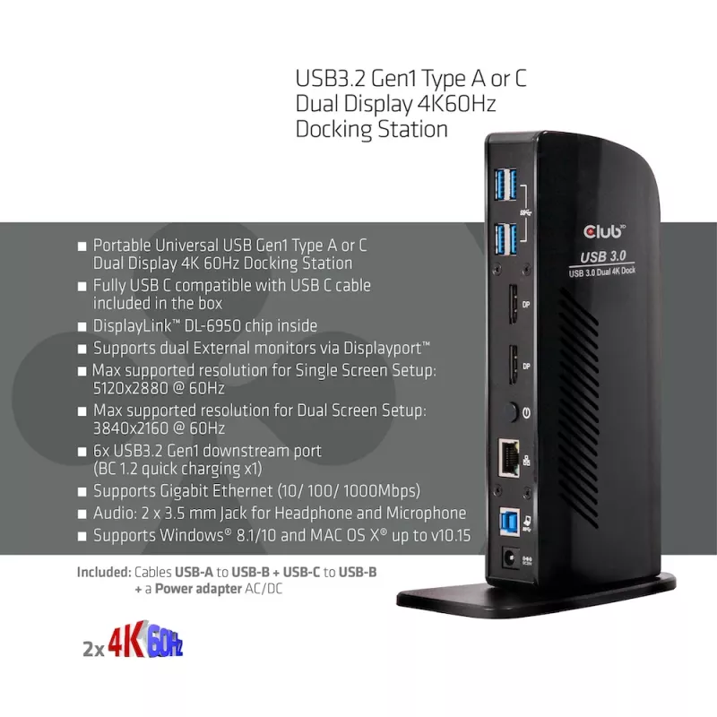 CLUB3D USB3.2 Gen1 Type A arba C dviejų ekranų 4K60Hz stotelė DisplayLink® sertifikuota