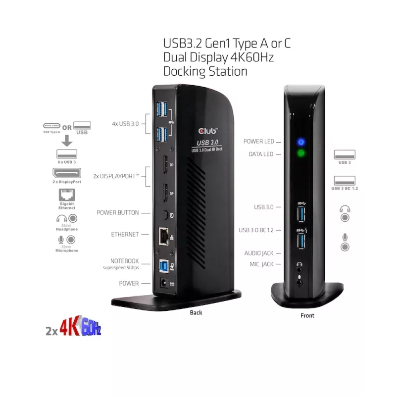 CLUB3D USB3.2 Gen1 Type A arba C dviejų ekranų 4K60Hz stotelė DisplayLink® sertifikuota