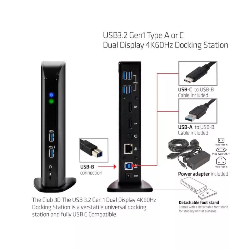 CLUB3D USB3.2 Gen1 Type A arba C dviejų ekranų 4K60Hz stotelė DisplayLink® sertifikuota