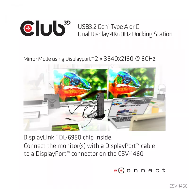CLUB3D USB3.2 Gen1 Type A arba C dviejų ekranų 4K60Hz stotelė DisplayLink® sertifikuota