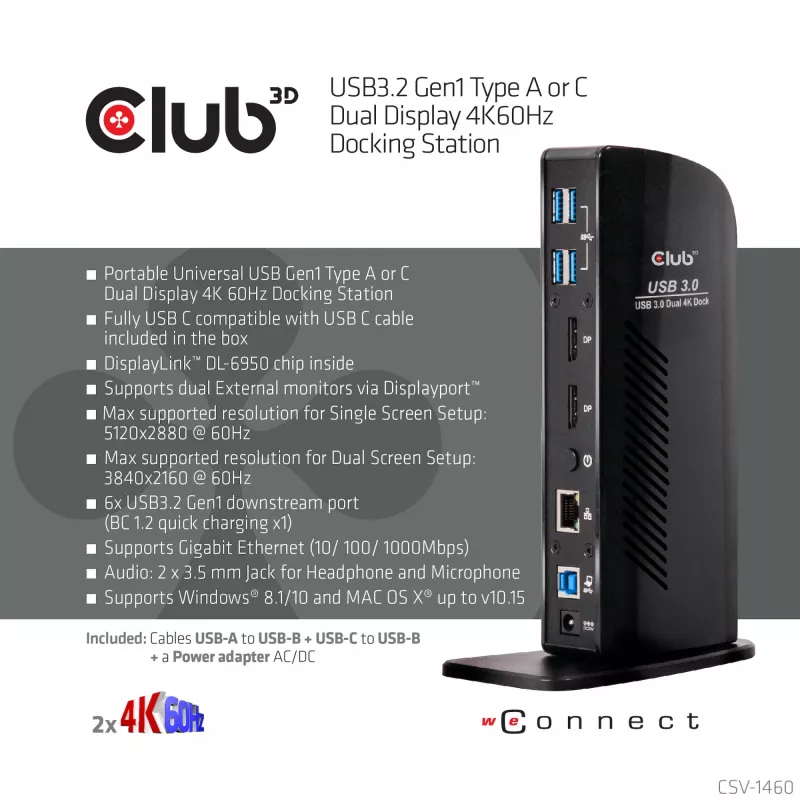 CLUB3D USB3.2 Gen1 Type A arba C dviejų ekranų 4K60Hz stotelė DisplayLink® sertifikuota
