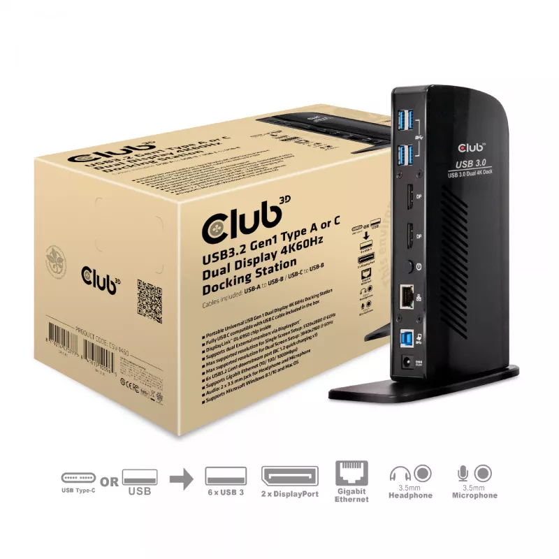 CLUB3D USB3.2 Gen1 Type A arba C dviejų ekranų 4K60Hz stotelė DisplayLink® sertifikuota