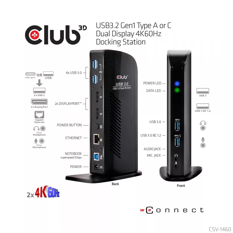 CLUB3D USB3.2 Gen1 Type A arba C dviejų ekranų 4K60Hz stotelė DisplayLink® sertifikuota