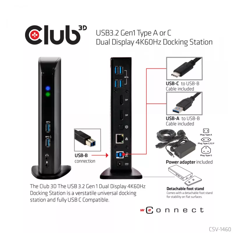 CLUB3D USB3.2 Gen1 Type A arba C dviejų ekranų 4K60Hz stotelė DisplayLink® sertifikuota
