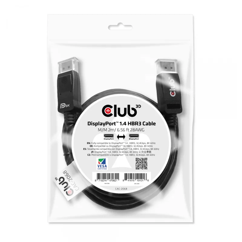 CLUB3D DisplayPort 1.4 HBR3 laidas 2m/6.56ft M/M 8K60Hz