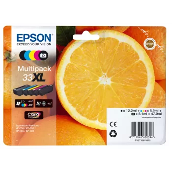 Epson Oranges Multipack 5 spalvų 33XL Claria Premium rašalas, didelės talpos (XL), juoda, foto juoda, žydra, purpurinė, geltona, pigmentinis rašalas, dažų pagrindo rašalas, 12,2 ml, 8,9 ml