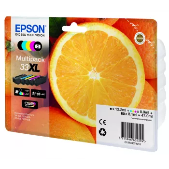 Epson Oranges Multipack 5 spalvų 33XL Claria Premium rašalas, didelės talpos (XL), juoda, foto juoda, žydra, purpurinė, geltona, pigmentinis rašalas, dažų pagrindo rašalas, 12,2 ml, 8,9 ml