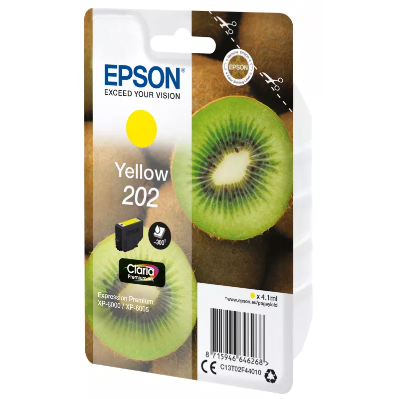 Epson Kiwi 202 Claria Premium geltonas kasetė, standartinė talpa, 4,1 ml, 1 vnt., 300 puslapių