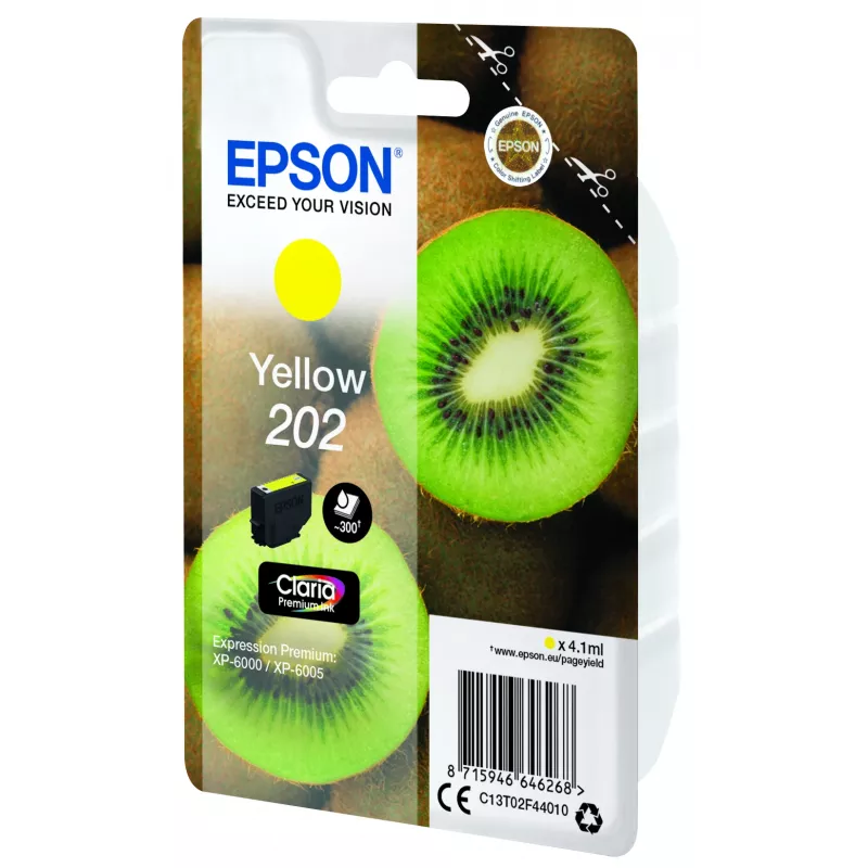 Epson Kiwi 202 Claria Premium geltonas kasetė, standartinė talpa, 4,1 ml, 1 vnt., 300 puslapių