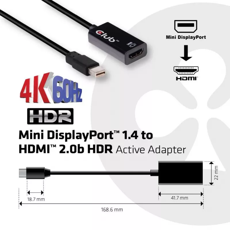 CLUB3D Mini DisplayPort 1.4 į HDMI 2.0b HDR aktyvus adapteris