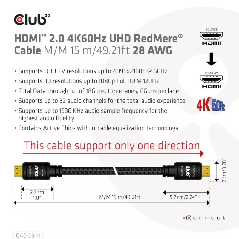 CLUB3D HDMI 2.0 RedMere® laidas 4K60Hz 15 m