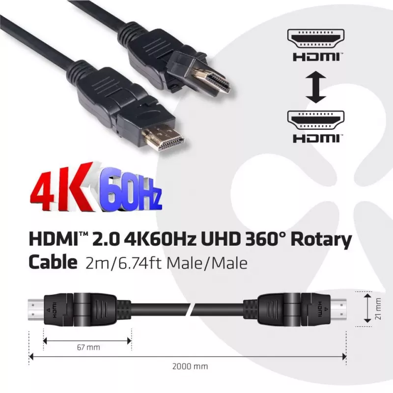 CLUB3D HDMI 2.0 4K60Hz UHD 360° besisukantis laidas 2 m