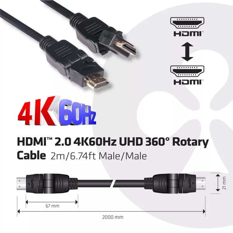CLUB3D HDMI 2.0 4K60Hz UHD 360° besisukantis laidas 2 m