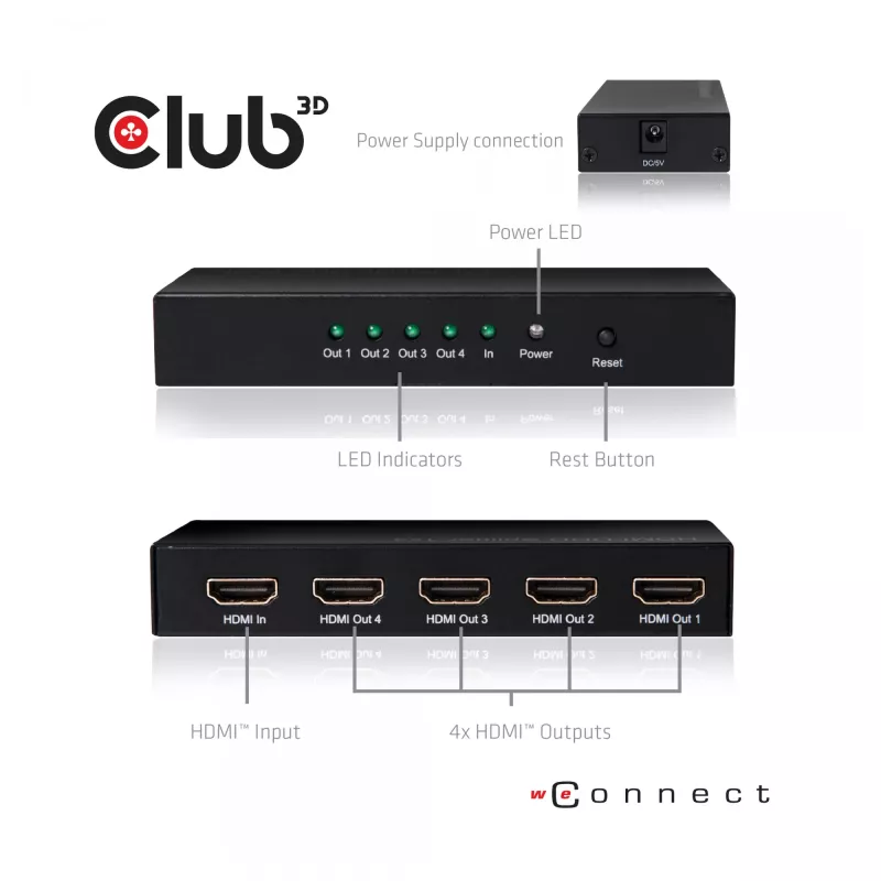 CLUB3D HDMI™ 4K@60Hz UHD skirstytuvas su maitinimu 4 prievadai