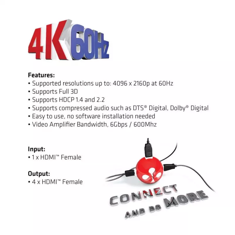 CLUB3D HDMI™ 4K@60Hz UHD skirstytuvas su maitinimu 4 prievadai