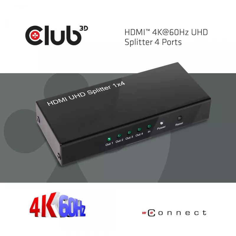CLUB3D HDMI™ 4K@60Hz UHD skirstytuvas su maitinimu 4 prievadai