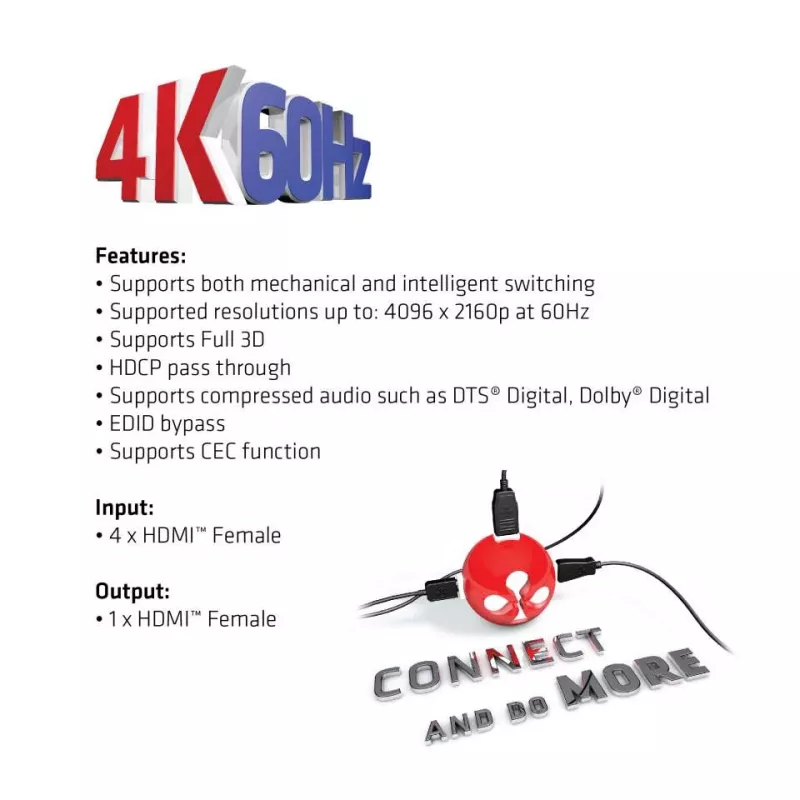 CLUB3D HDMI 2.0 UHD 4K60Hz jungiklis su 4 prievadais ir IR nuotolinio valdymo pulteliu CSV-1370