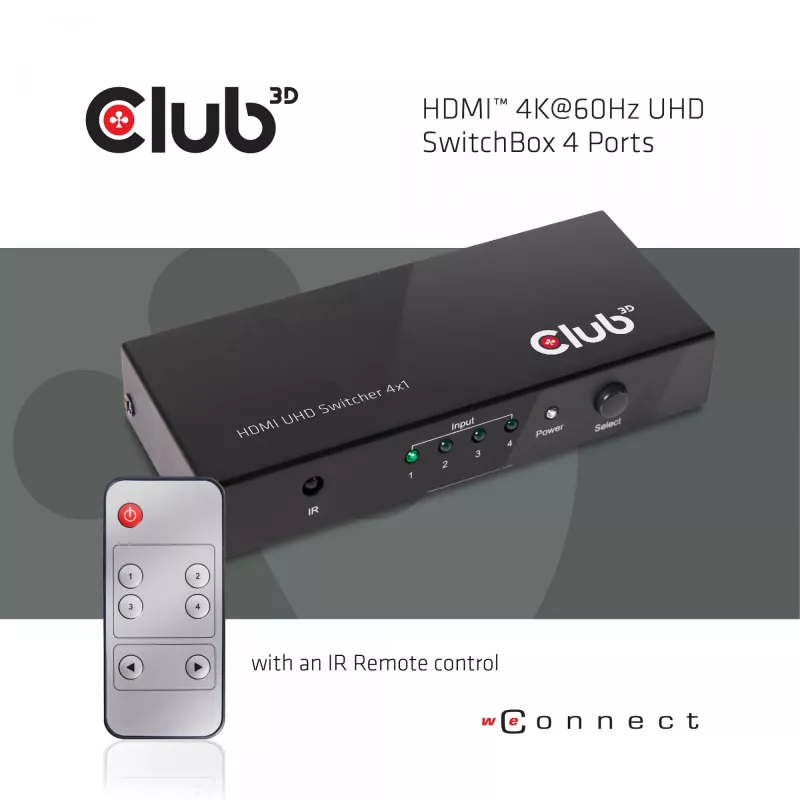 CLUB3D HDMI 2.0 UHD 4K60Hz jungiklis su 4 prievadais ir IR nuotolinio valdymo pulteliu CSV-1370