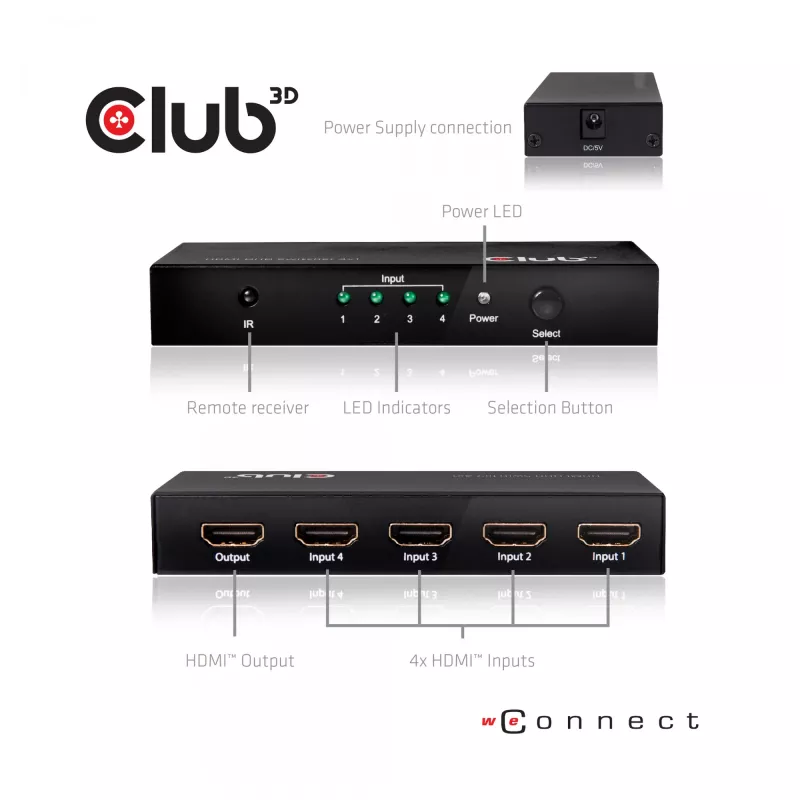 CLUB3D HDMI 2.0 UHD 4K60Hz jungiklis su 4 prievadais ir IR nuotolinio valdymo pulteliu CSV-1370