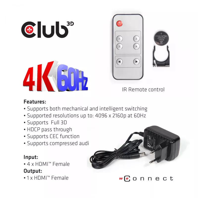 CLUB3D HDMI 2.0 UHD 4K60Hz jungiklis su 4 prievadais ir IR nuotolinio valdymo pulteliu CSV-1370
