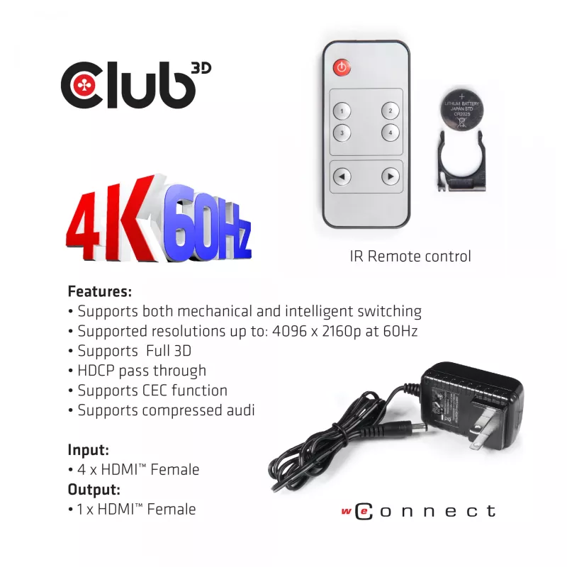 CLUB3D HDMI 2.0 UHD 4K60Hz jungiklis su 4 prievadais ir IR nuotolinio valdymo pulteliu CSV-1370