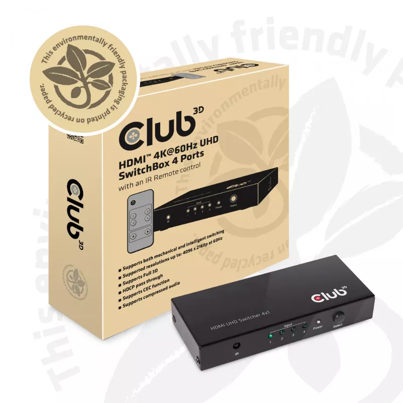 CLUB3D HDMI 2.0 UHD 4K60Hz jungiklis su 4 prievadais ir IR nuotolinio valdymo pulteliu CSV-1370