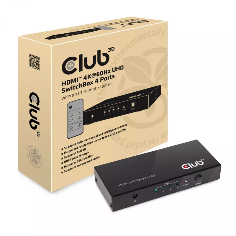 CLUB3D HDMI 2.0 UHD 4K60Hz jungiklis su 4 prievadais ir IR nuotolinio valdymo pulteliu CSV-1370