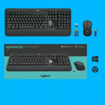 Belaidis klaviatūros ir pelės rinkinys Logitech MK540 Advanced — pilno dydžio QWERTY klaviatūra, USB imtuvas, JAV išdėstymas, ergonomiška pelė, juoda/balta