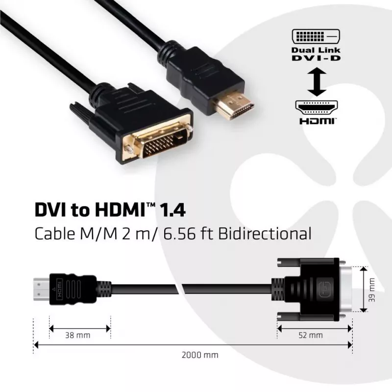 CLUB3D DVI į HDMI 1.4 laidas M/M 2 m / 6,56 pėdų, abipusis