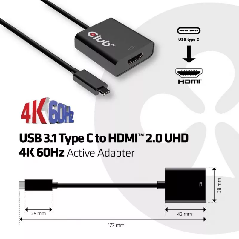USB 3.1 Type C į HDMI 2.0 aktyvus adapteris 4K 60Hz CLUB3D CAC-2504